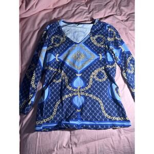 J.McLaughlin Blue Chain‑Print Long Sleeve Top — XS